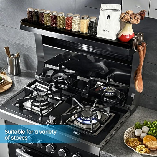 Over the Stove Shelf, Bamboo Stove Top Spice Rack for Kitchen,Wooden Stove Shelf for Back of Stove, Non-slip Countertop Seasoning Organizer with 6 hooks,Easy to Assemble 33.5*4.5*13.4” Black