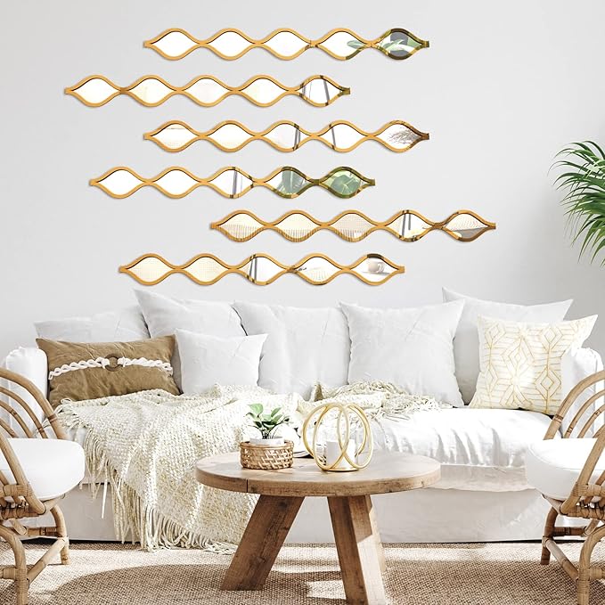 Yulejo 6 Pcs Acrylic Teardrop Mirror Decor - Narrow Wall Decor Boho Vintage Wall Art for Apartment Home Living Room Bathroom Bedroom Hallway (Gold Edge)
