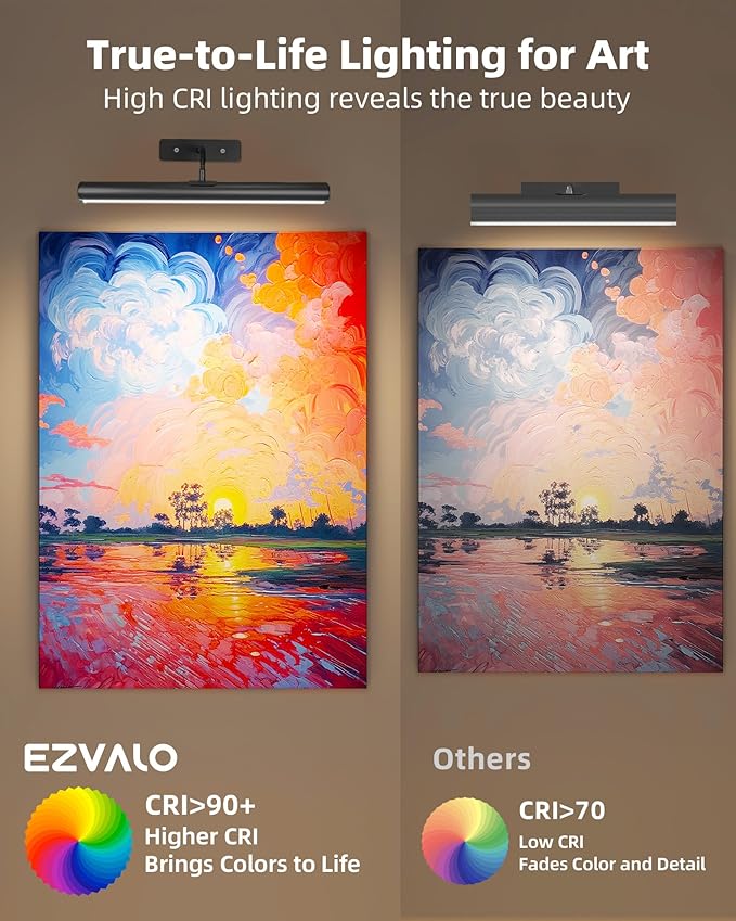 EZVALO 16in Picture Lights for Wall, Rechargeable 6000mAh Cordless Art Lights with Remote, 3 Color Temperatures LED Painting Lights for Artwork, Frames, Gallery (Black, 2Pack)