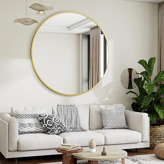 VooBang Large Gold Round Bathroom Mirror, 48 inch Circle Wall Mounted Hanging Mirror with Simple Modern Circular Metal Frame for Hallway, Entryway, Living Room, Gold Frame