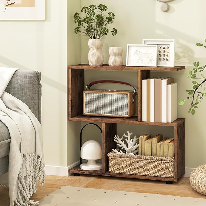 LOKO 3-Tier Geometric Bookshelf Set of 2, S-Shaped Open Bookcase, Freestanding Decorative Storage Shelving, Home Storage Organizer for Living Room, Bedroom, Home Office (2, Rustic Brown)
