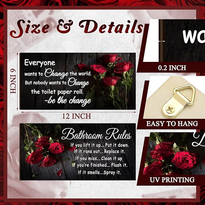 Jetec 2 Pieces Funny Bathroom Signs Bathroom Wall Decor Toilet Wall Accessories Farmhouse Toilet Rustic Wooden Signs, 12x6 Inch(Rose Style)
