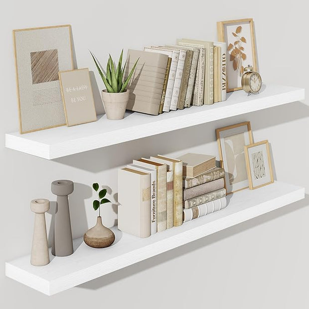 Fun Memories 55 Inch Floating Shelves for Wall, Fireplace Mantel Shelf with Invisible Heavy Duty Bracket, 8 Inch Deep Storage Shelf for Living Room, Kitchen, Farmhouse, White (2-Pack)