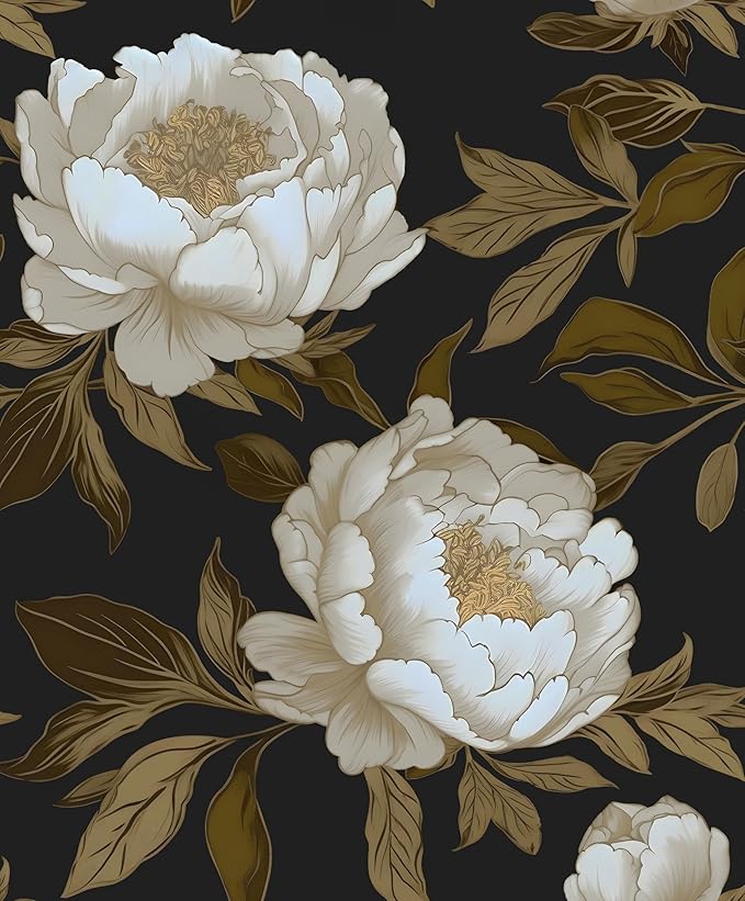 Peony Floral Wallpaper Peel and Stick Gold Leaf Contact Paper Modern Floral Wallpaper Self Adhesive Waterproof Boho Botanical Wall Paper for Room Shelves Cabinet Drawer Table Decor 17.5