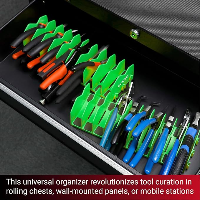 Plier Organizer & Rack (2-Pack, High-Vis Green) – 20-Slot Tool Storage for Toolbox Drawers – Non-Slip Rubber Base, Interlocking Modular Holders for Pliers, Cutters & Snips