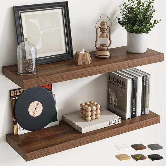 32 Inch Floating Shelves for Wall Set of 2, 8"D Wood Grain Bathroom Shelves with Invisible Brackets, Easy Install Engineered Wood Storage Shelves for Kitchen, Living Room, Bedroom, Walnut Finish