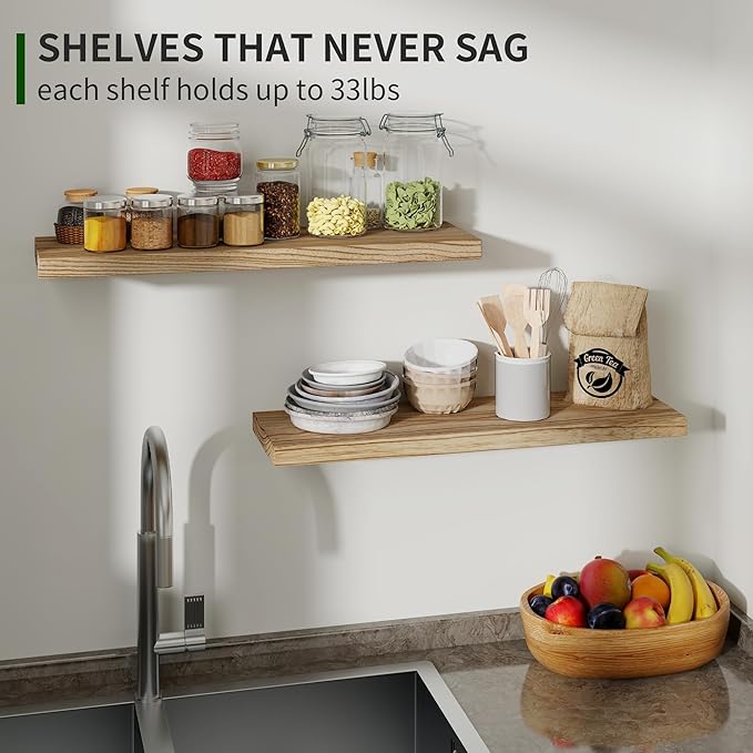 Marsmiles Wood Floating Shelves for Wall Set of 2, 24 Inch Wide Rustic Wooden Floating Shelves, Invisible Wall Mounted Display for Living Room Bedroom Kitchen Bathroom Office, Carbonized Black