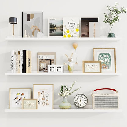 Axeman 48 Inch Floating Shelves | White Picture Ledge Shelf Set of 3 | Rustic Wood Wall Shelves with Lip | 48" White Picture Shelf for Wall with Ledge | Photo Shelves