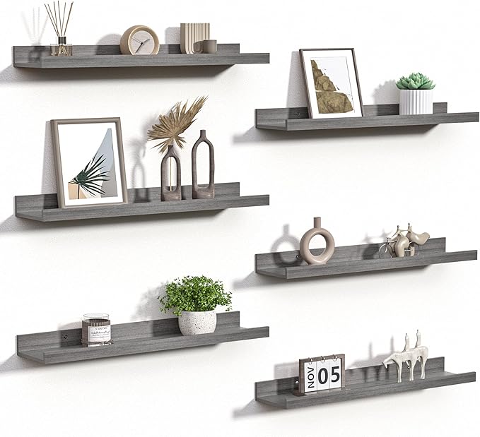 upsimples Floating Shelves for Wall, 23.6 Inch Shelves for Decor Storage Set of 6, Wall Mounted Wood Shelf for Bedroom, Living Room, Bathroom, Kitchen, Long Picture Ledge Shelves, Grey