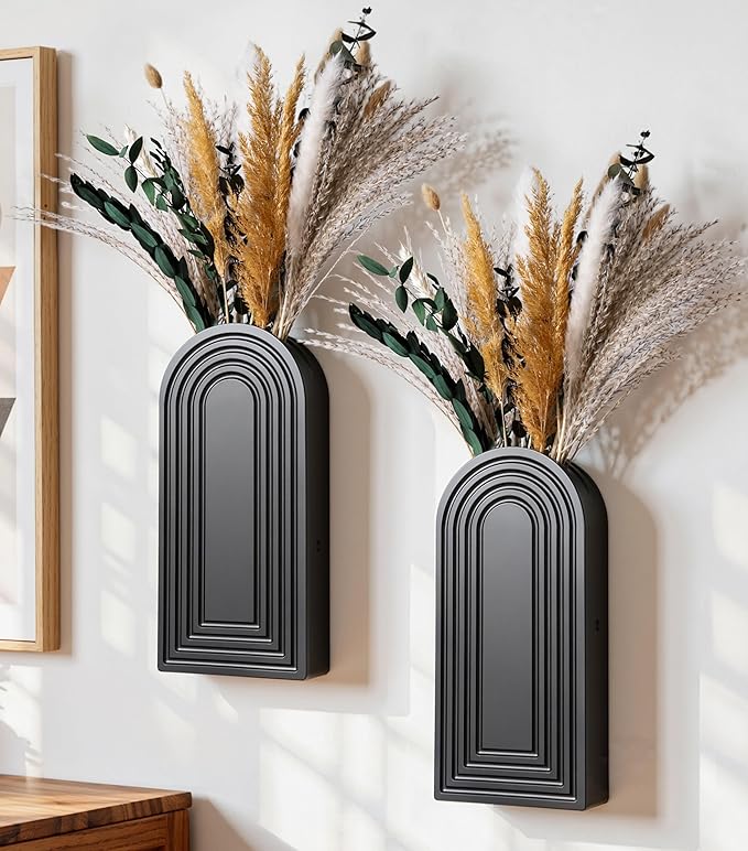 DREAMLOOM 2 Pack Wooden Wall Vases with Dried Pampas Grass and Eucalyptus Plants, Wall Hanging Planters Boho Modern Farmhouse Indoor for Narrow Spaces Entryway Bathroom Home Office Decoration, Black