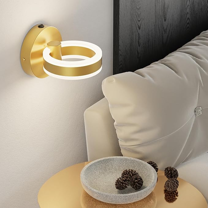 LED Wall Sconces with ON/Off Switch, Gold Rotatable Hardwired Wall Light Fixtures, Built in USB Charging Port, Modern Wall Decor for Bed Lighting.