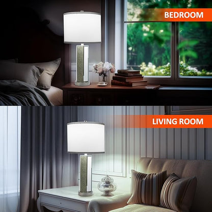 Touch Control Table Lamps Set of 2, Modern Silver Mirror Bedside Lamp with 2 USB Ports, 3-Way Dimmable Real Marble Gold Nightstand Lamp for Living Room, Bedroom Home Office Hotel Bar