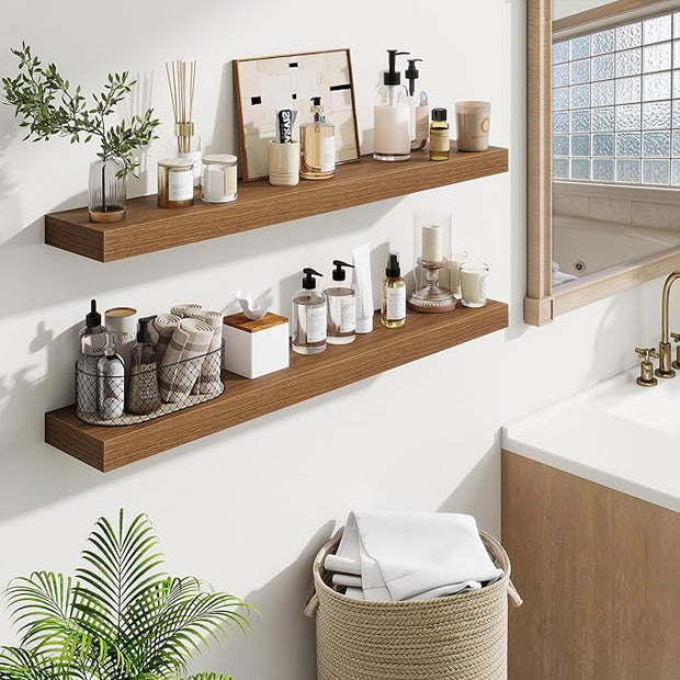 Fun Memories 40 Inch Floating Shelves, Long Wood Wall Shelf Set of 2 with Invisible Brackets, for Bathroom, Living Room, Bedroom, Kitchen, Walnut