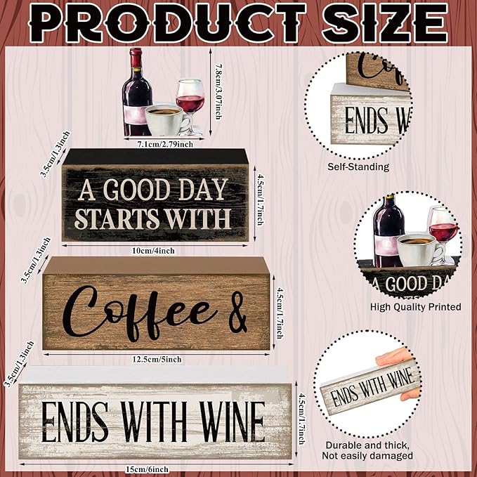4 Pcs Farmhouse Table Decor Wooden Stacked Block Sign with Wine Bottle, Coffee Cup & Glass Sculpture a Good Day Starts with Coffee Ends with Wine Sign for Home & Bar Housewarming Gift