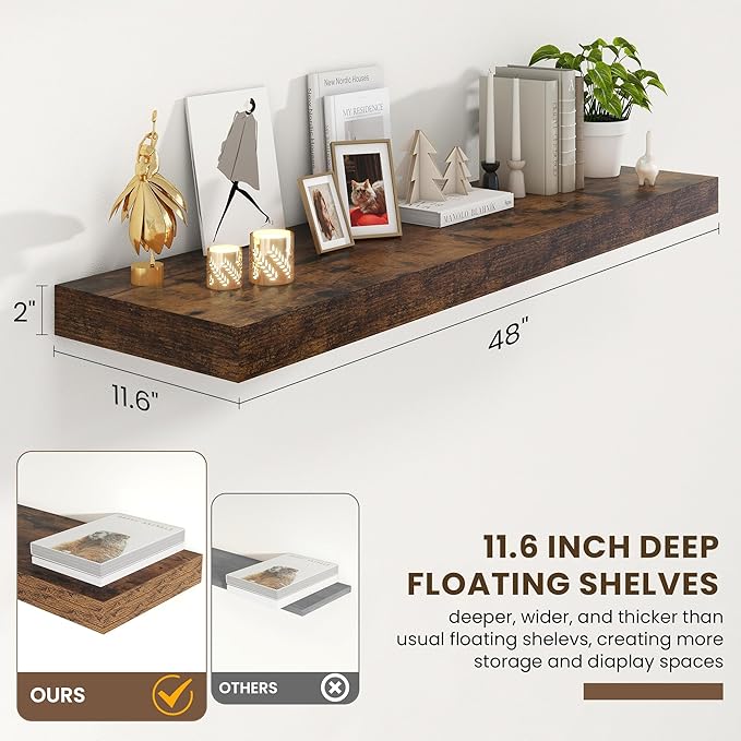 48 Inch Floating Shelves | 12 Inch Deep Floating Shelves Set of 1 | 48