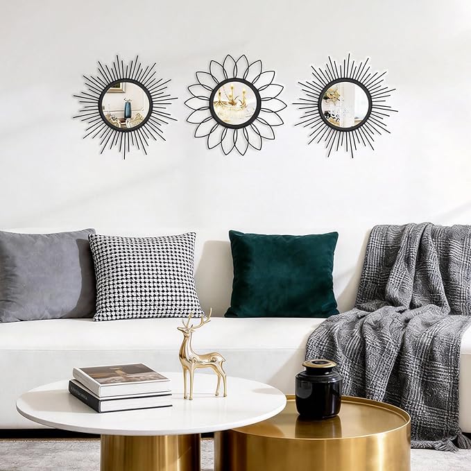 Set of 3 Black Metal Sunburst Wall Mirrors - 12