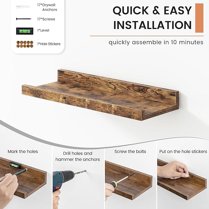 Picture Ledge Shelf, Small Floating Shelves Set of 8, 16 Inches Nursery Book Shelves for Toys Storage, Kids Bookshelf Wall Mounted for Living Room Bedroom Decor Books Photo Frames, Rustic Brown