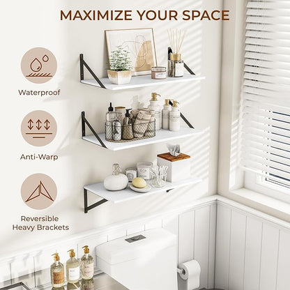 Heimlove 24" W x 12" D Wall Shelves for Books, 12 Inch Deep Floating Shelves Set of 3, Wide Floating Bookshelf with Metal Bracket for Living Room, Kitchen, Office, Bedroom and Decor Storage - White
