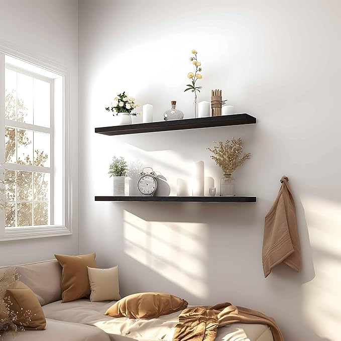 36 Inch Brown Wood Floating Shelves for Wall Rustic Wall Shelf for Bedroom Living Room Set of 4
