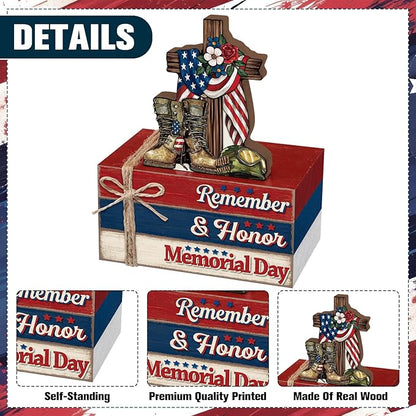Geelin 4 Pcs Memorial Day Wooden Book Stack Decorations, Patriotic Tabletop Book Sign Set with Boots Cross Helmet and Flag, Rustic Red White Blue Tiered Tray Decor for Home, Office, Veterans Day