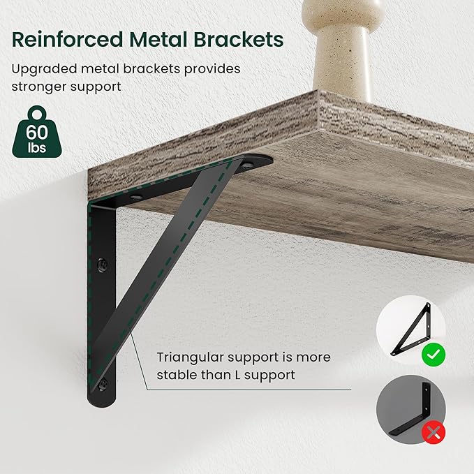 Floating Shelves, 8 Inch Deep Rustic Wood Wall Storage, 36W x 8D Wall Shelves Set of 2, Heavy Duty Metal Brackets, Industrial Book Shelf for Living Room, Kitchen, Bathroom, Bedroom, Grey