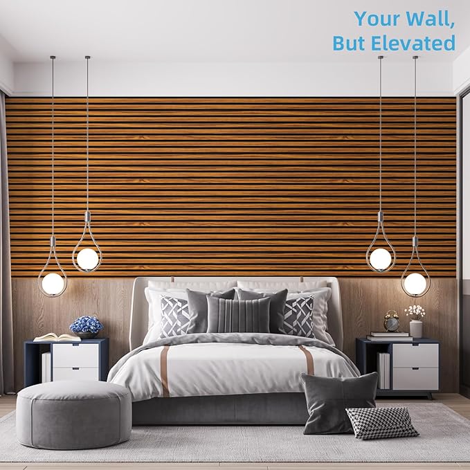 Art3d 4-Piece 94 x 12.6 Inch Acoustic Lightweight Slat Wall Panel - Waterproof Wood Textured Wainscoting Panel of 33 Sq.Ft for Bedroom, Home Theater Office Accent Wall, Teak
