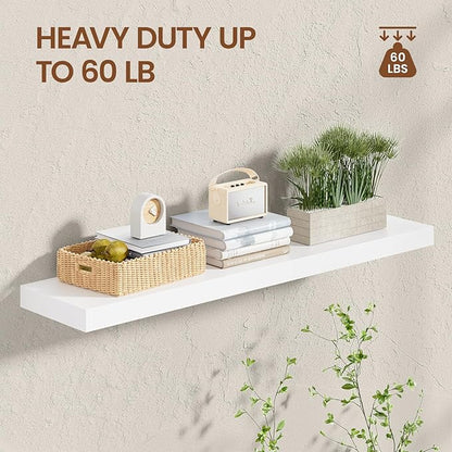 Heimlove 36 Inch Floating Shelves for Wall White Shelves Set of 2,Wall Mounted Rustic Wood 8 Inch Deep Floating Shelf with Invisible Brackets for Bedroom Kitchen Living Room
