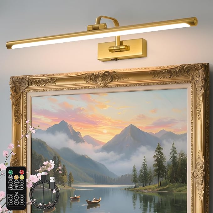Picture Lights for Wall Battery Operated, Rechargeable Light for Pictures with Remote & Timer, Gold Art Light for Paintings 24 Inch Wireless Dimmable Cordless Gallery Frame Lights with 3CCT
