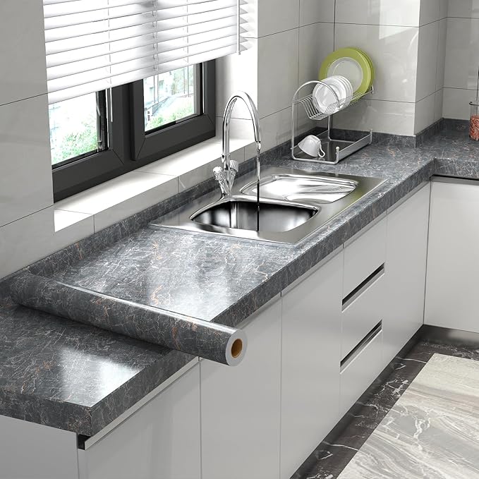 Yancorp 16"x120" Granite Gray Contact Paper Marble Wallpaper Peel and Stick Countertops Backsplash for Kitchen Waterproof Renter Friendly Wallpaper Papel Tapiz para Pared