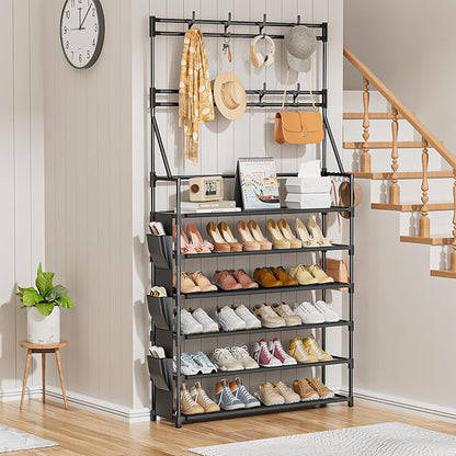 OYREL Shoe Rack 6 Tier Shoes Organizer 24-30 Pairs Shoe Racks for Closet Front Door Entrance Large Capacity Space Saving Shoe Storage Organizer with Multifunctional 5 Hooks and Side Pocket