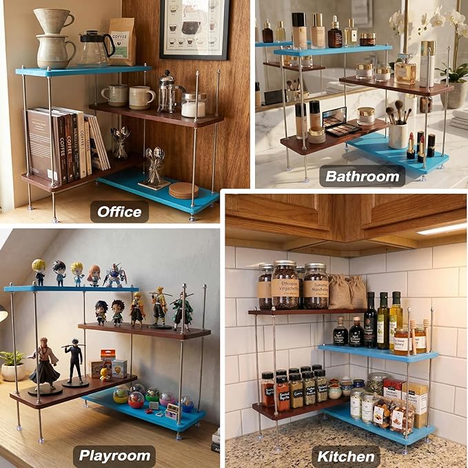 VINIUSIKI DIY Hight-Adjustable 4 Tier L-Shaped Countertop Shelf Organizer, Kitchen Spice Rack for Countertop, Wood Coffee Counter Shelf Organizer for Home - 15.7