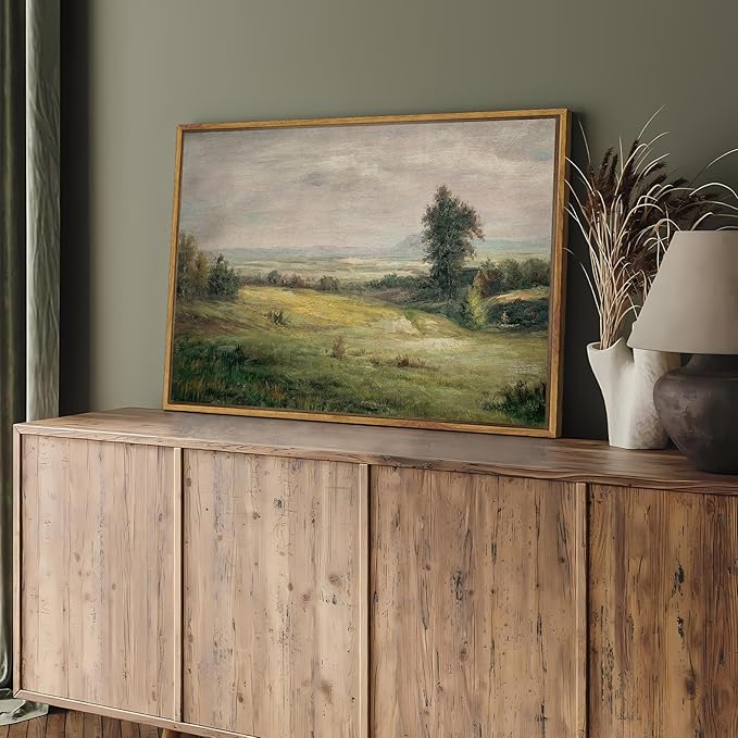 SHENIFY 24x36in Large Vintage Landscape Framed Canvas Wall Art The Vast Grassland Classic Wall Prints Modern Farmhouse Bathroom Office Decor - Natural Framed