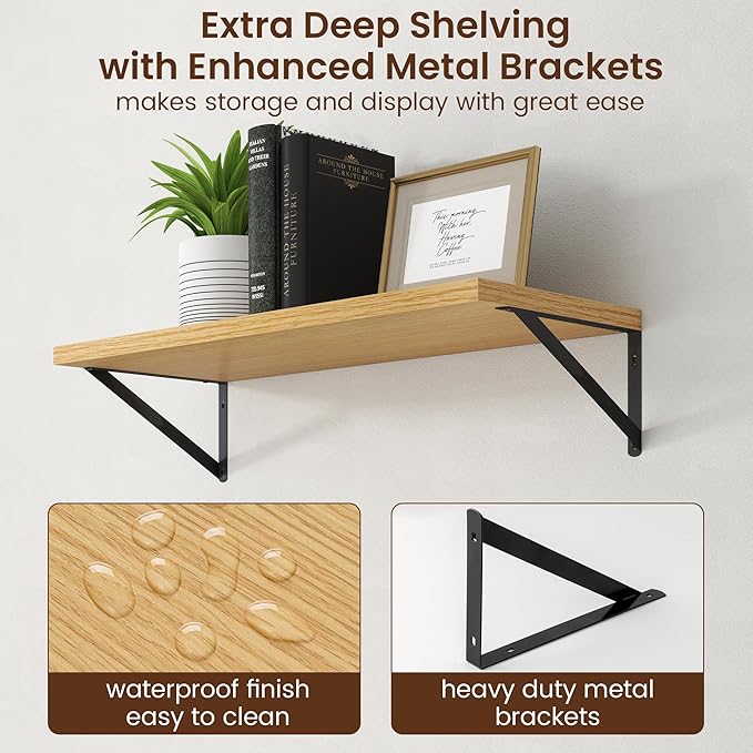 Axeman Deep Floating Shelves - 30 Inch Floating Shelves Set of 2-12 Inch Deep Oak Wall Shelves for Living Room Bathroom Kitchen