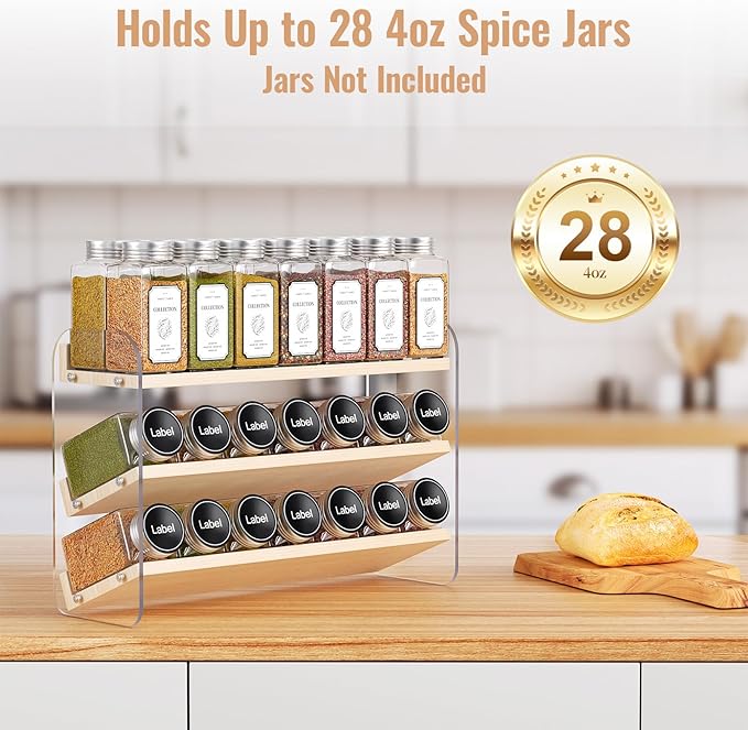 MUDEELA Clear Spice Rack Organizer for Cabinet, 3 Tiered Vertical Spice Shelf, Wooden Seasoning Organizer for Countertop, Kitchen, Pantry, Freestanding, 13.3