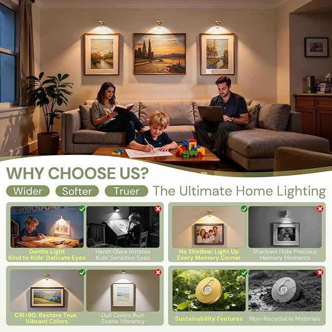 L LOHAS LED Gold Wireless Picture Lights for Wall, 3 Pack Magnetic Rechargeable 1200mAh Battery Operated Picture Light with Remote & Timer, Dimmable 3CCT Art Light for Paintings, Frames, Gallery