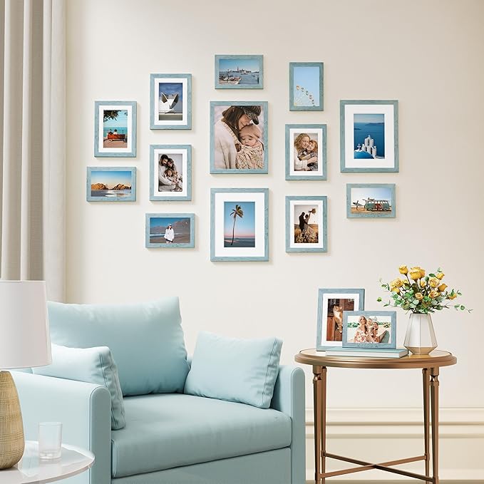 Vittanly 15 Pack Picture Frames Collage Wall Decor for Mounting or Tabletop Display, Gallery Frame Set for Family, Multi Sizes Including 3pcs 8x10, 6pcs 5x7, 6pcs 4x6, Rustic Blue
