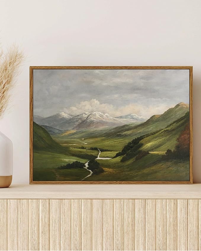 SHENIFY Landscape Vintage Framed Canvas Wall Art Classical Mountain Range Valley Prints Farmhouse Bathroom Office Decor - 11x14in Natural Framed