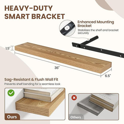 36 Inch Floating Shelves for Wall 2 Pack, 36" Wall Shelves for Books, Storage, Decor, Wall Mounted Floating Shelf with Invisible Brackets for Kitchen, Living Room, Light Brown