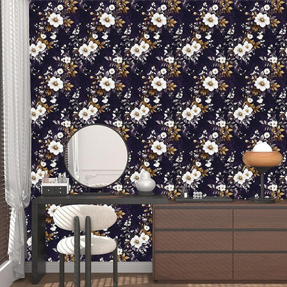 Vintage Floral Wallpaper Peel and Stick Purple White Flowers Contact Paper 17.5" x 118" Wall Paper Self Adhesive Vinyl Waterproof Removable for Kitchen Bathroom Shelves Cabinet Drawer Table Decor