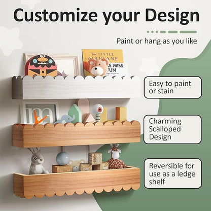 Floating Nursery Book Shelves (Set of 2), Scalloped Book Shelf - Kids Wall Bookshelf, Nursery Decor, Floating Shelves for Wall (24 inches Length), Scalloped Wall Shelf