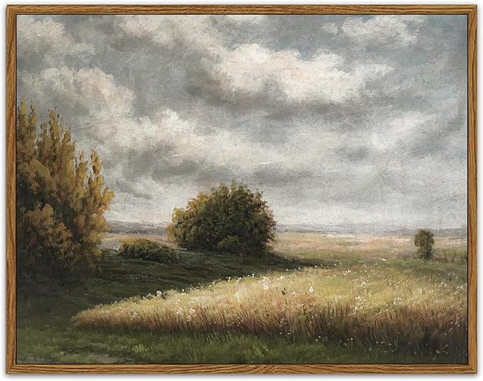 SHENIFY Vintage Landscape Framed Canvas Wall Art Grassland Classic Wall Prints Farmhouse Bathroom Office Decor - 11x14in Natural Framed