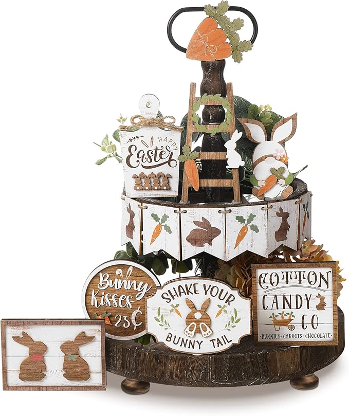 Amyhill 14 Pcs Easter Tiered Tray Decor Set Farmhouse Bunny Carrot Wooden Signs Rustic Spring Tiered Tray Decor Easter Table Decorations for Home Kitchen Coffee Bar Shelf