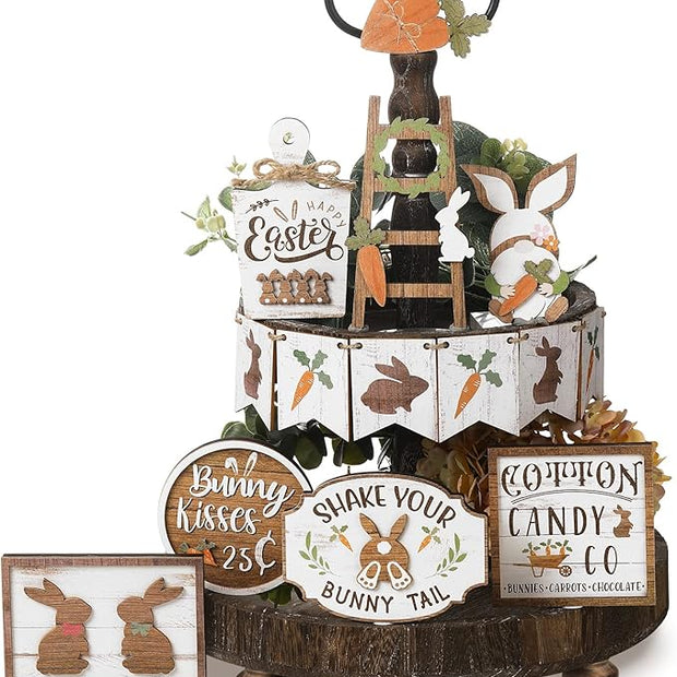 Amyhill 14 Pcs Easter Tiered Tray Decor Set Farmhouse Bunny Carrot Wooden Signs Rustic Spring Tiered Tray Decor Easter Table Decorations for Home Kitchen Coffee Bar Shelf