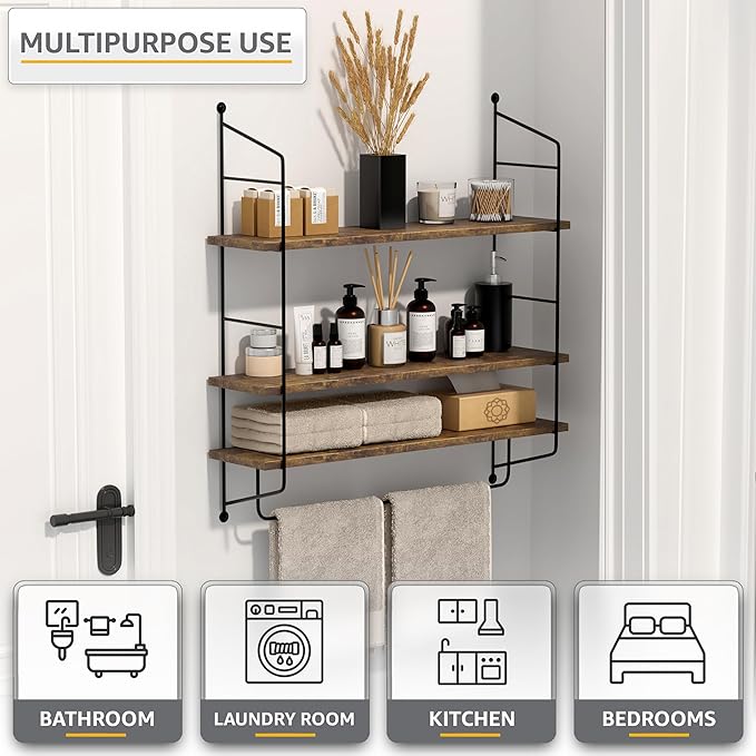 Sorbus 3-Tier Floating Bathroom Shelves for Wall - Wood Wall Storage for Towels, Over The Toilet Storage Cabinet, Gaming Floating Shelves, Bathroom Accessories, and Home Decor (Brown)