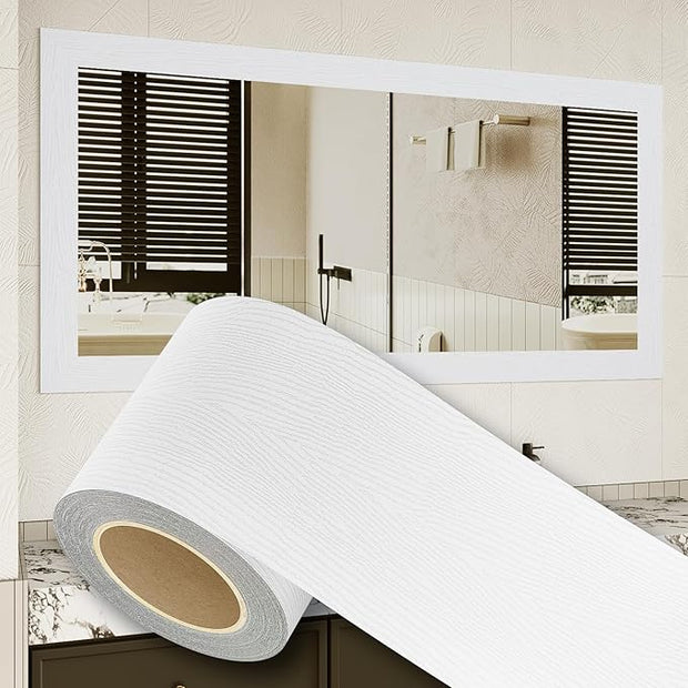 Peel and Stick Wallpaper Borders 390” x 4” Self Adhesive Mirror Frame Border Wood Grain DIY for Kitchen Bathroom Mirror Removal Border Sticker Wall Decor Cover 10.8 Sq.Ft, White Wood