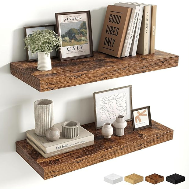 Fun Memories 24 Inch Floating Shelves Wall-Mounted, 10 Inch Deep Wall Shelves, 24 x 10 Floating Shelf for Living Room Bathroom Bedroom, Rustic Brown, Set of 2