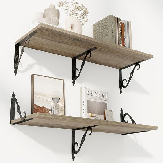 RICHFOCUS 12 Inch Deep Floating Shelves for Wall, 31.5" W x 12" D Wood Wall Shelves Set of 2, Wide Floating Shelves for Living Room, Bedroom, Kitchen, Bathroom and Decor Storage, Grey
