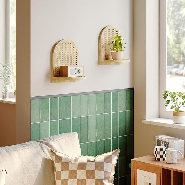 Arched Rattan Wall Shelf - Boho Rattan Floating Shelf with Grooved Edge, Unique Small Display Shelves, Natural Pine Wood Wall Decor for Bedroom, Living Room, Nursery Room, Set of 2, Natural