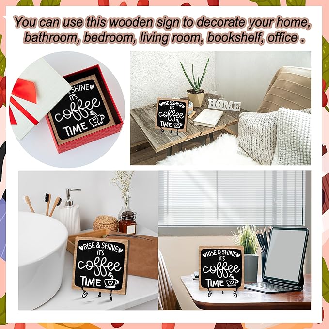Coffee Desk Decor Sign, Coffee Time Sign With Stand For Farmhouse Home Kitchen Table, Wine Sign For Farmhouse Home Kitchen Bar Shelf Table, Gifts For Family Friend Coworker-08