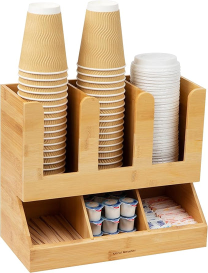 Mind Reader Cup and Condiment Station, Countertop Organizer, Coffee Bar, Kitchen, Bamboo, 13.625"L x 6.75"W x 11.5"H, Brown